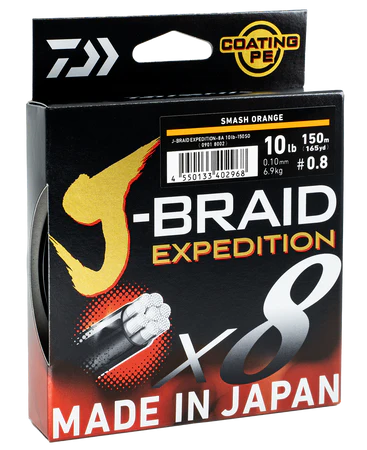 Tresse Daiwa J Braid Expedition X8 - 150m, 8lb, 0.06mm, Orange (neuf)